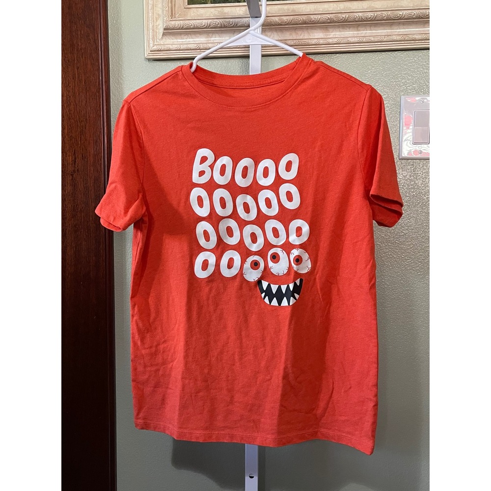 Boy's Cat and Jack Glow In The Dark BOO Face Orange Halloween Shirt Size XL 14